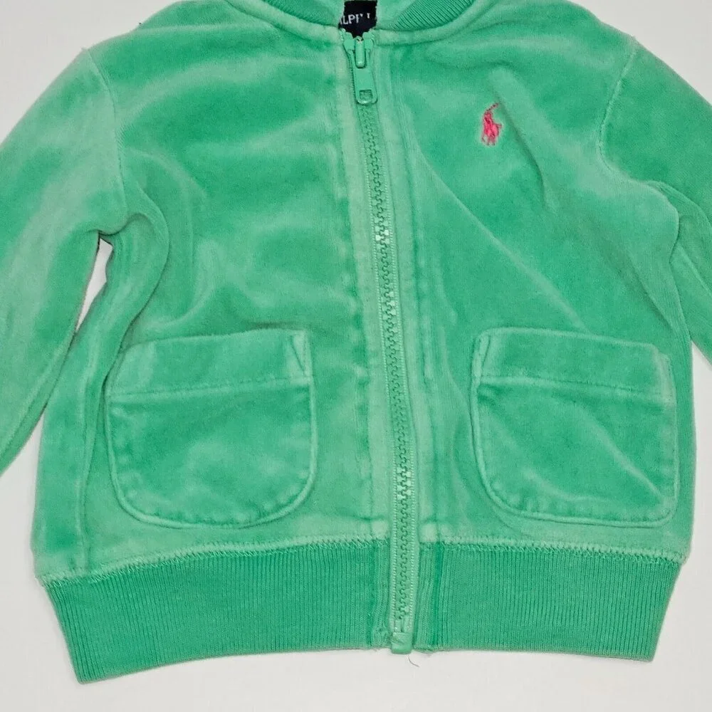 Ralph Lauren Green Velour Hoodie Full Zip Sweatshirt Baby Infant 9 Months READ